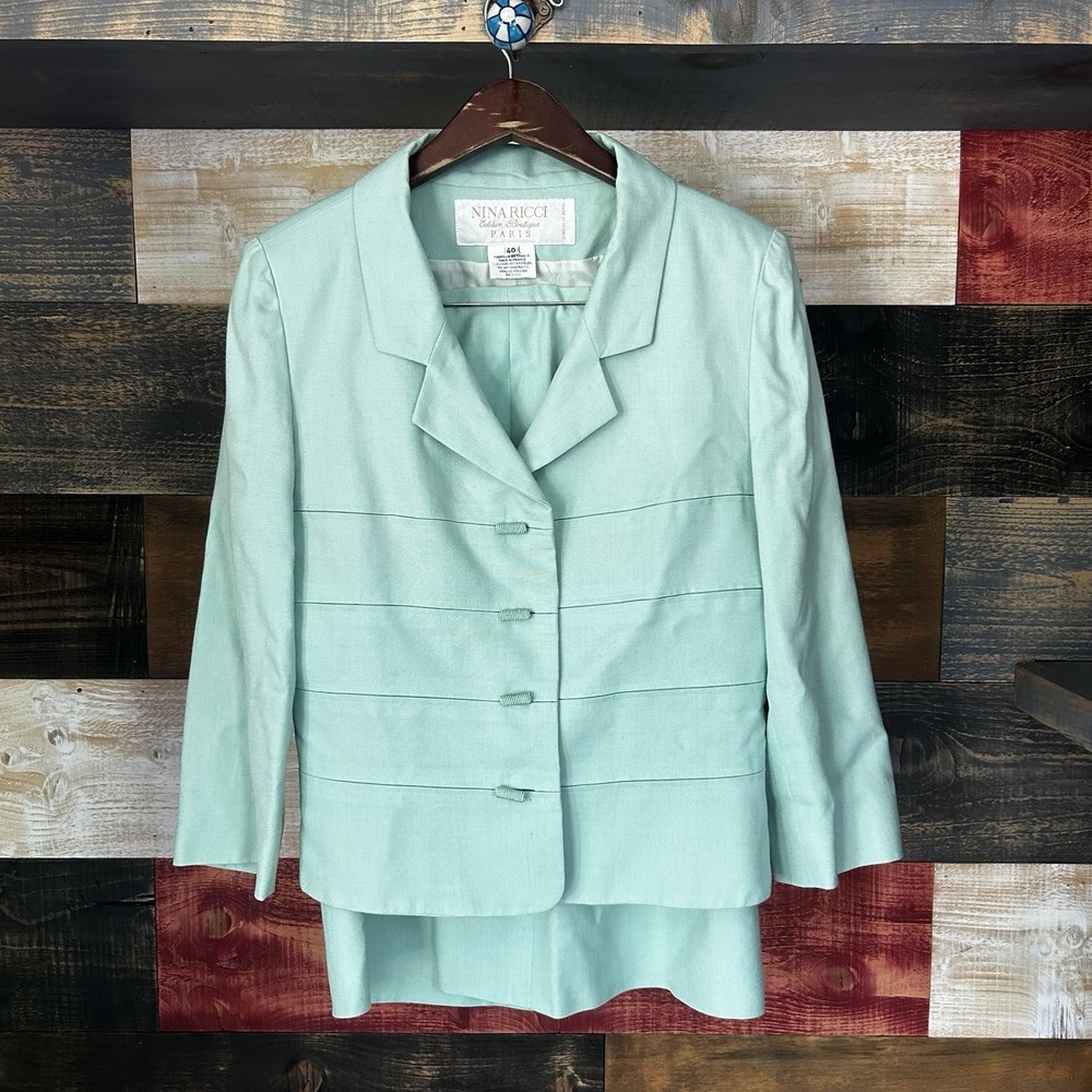 Vintage Nina Ricci Blazer Skirt Suit Jacket Turquoise France Boutique Sz 40